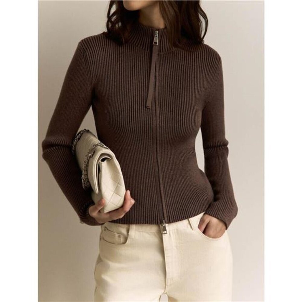 Ribbed Knit Zip-Up Cardigan